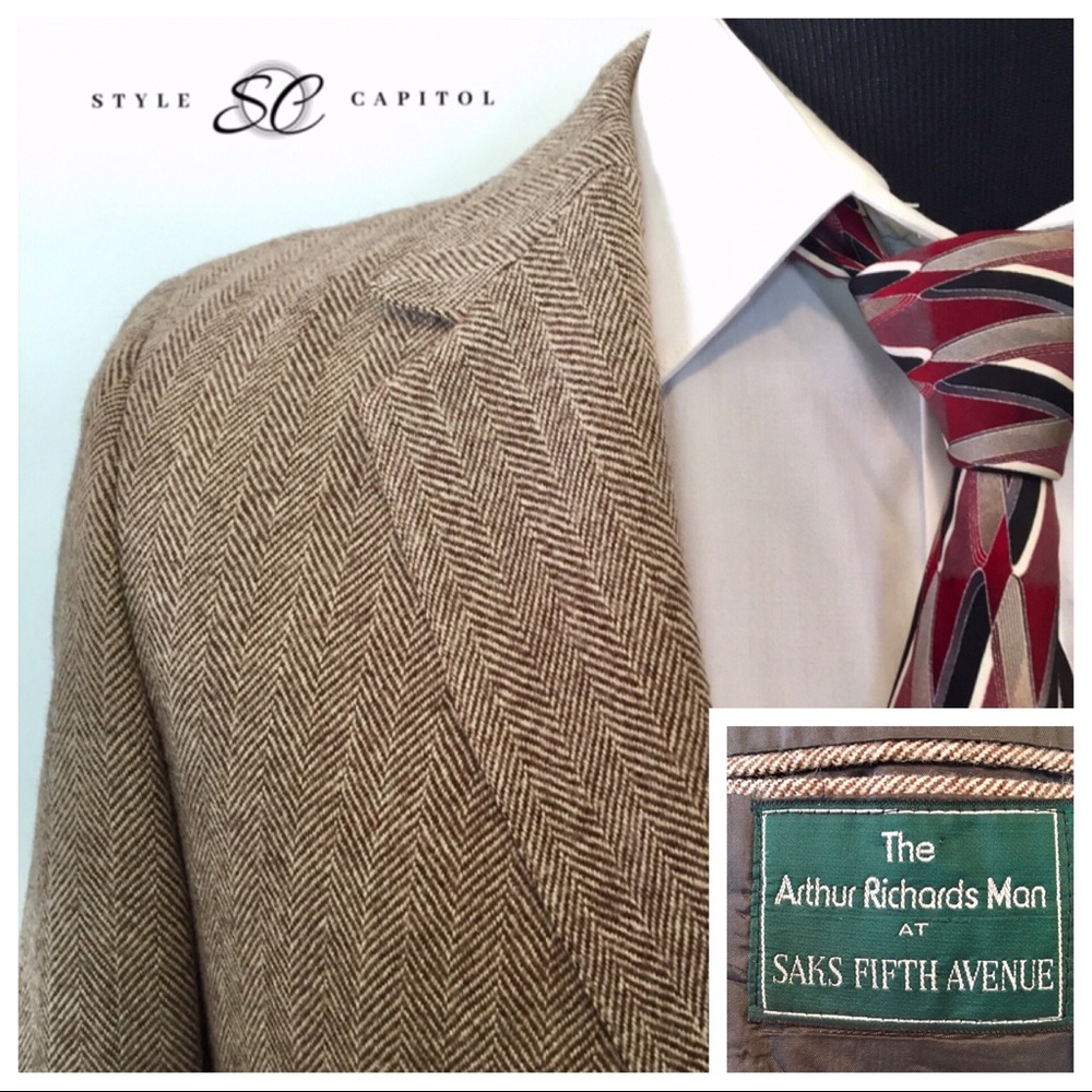 Saks Fifth Avenue 40R Cream Brown Blazer Wool